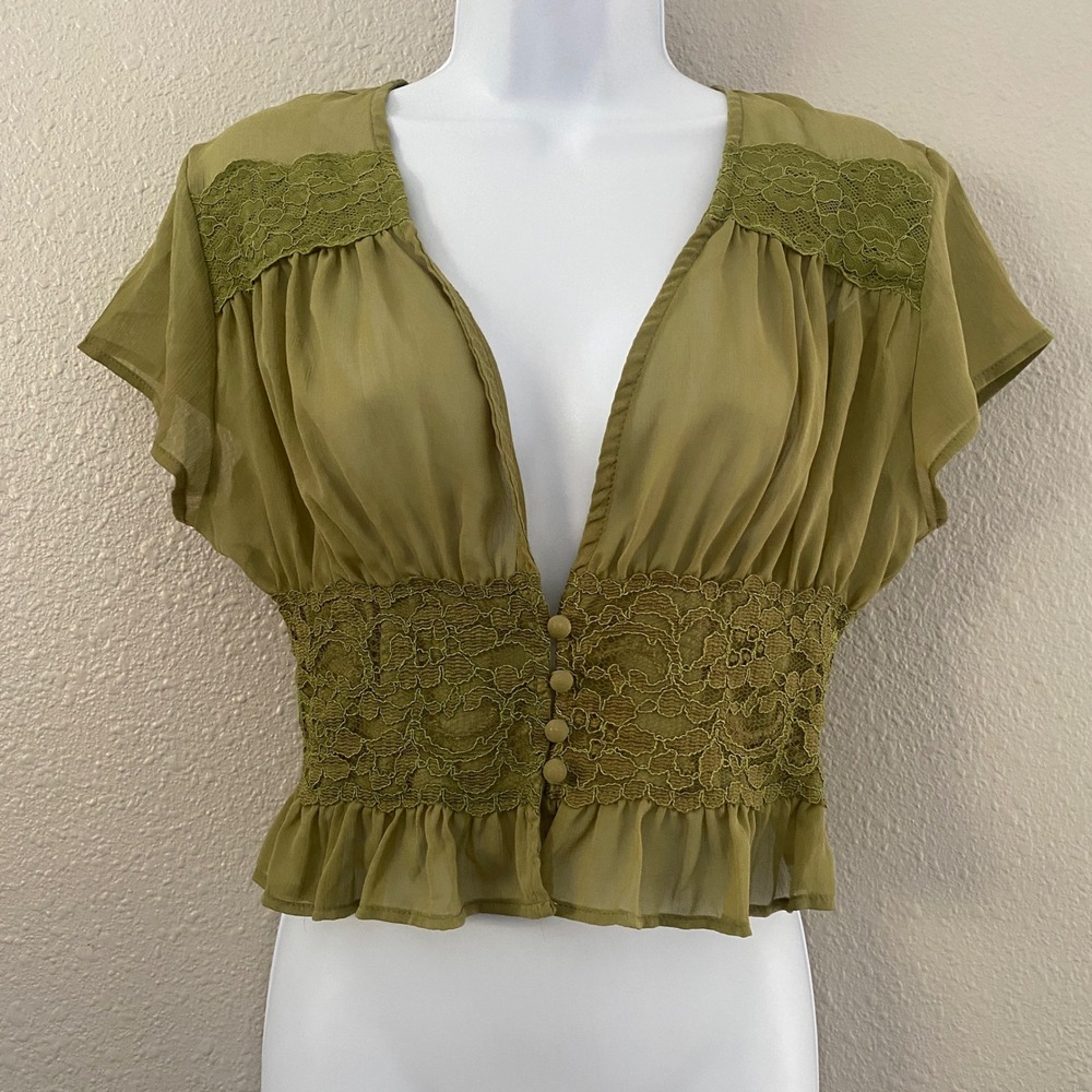 Green Sheer Blouse Medium Lace Y2K Fairycore Forest Fairy Romantic Feminine